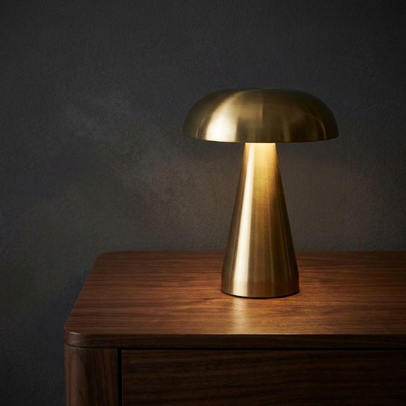 Metallic mushroom table lamp in gold on dark wood side table