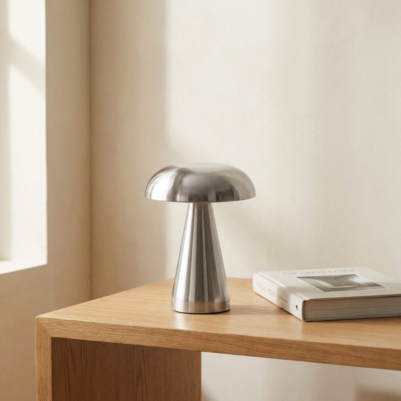 Metallic mushroom table lamp in silver on side table with books