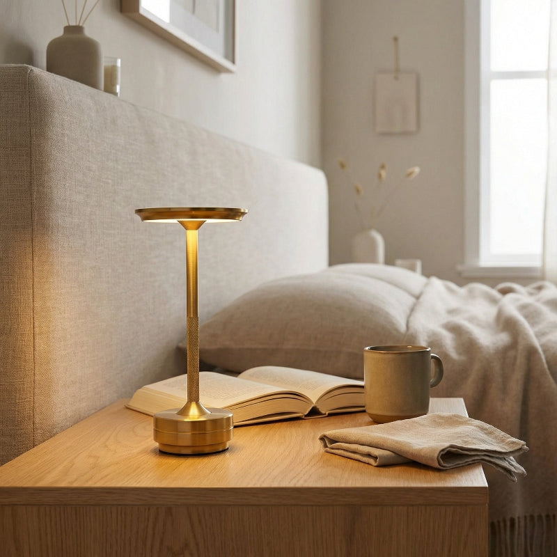 Gold lamp on a wooden nightstand with an open book and mug in a cozy bedroom setting.