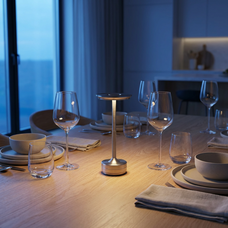 Dining table setting with wine glasses, bowls, and a small lamp on a wooden surface.