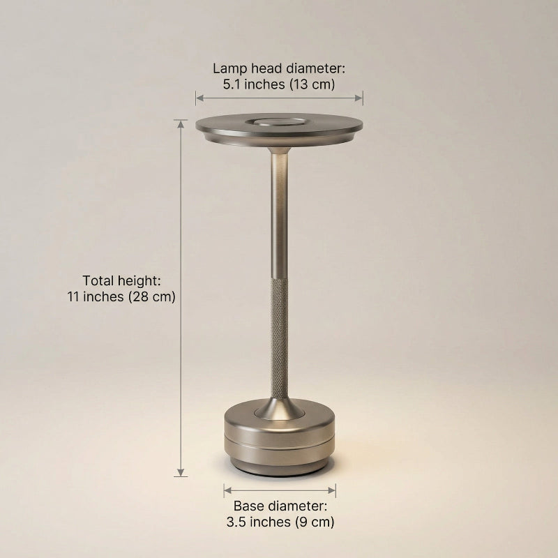 Measurement chart of a lamp with dimensions labeled on a beige background