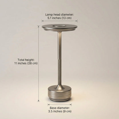 Measurement chart of a lamp with dimensions labeled on a beige background