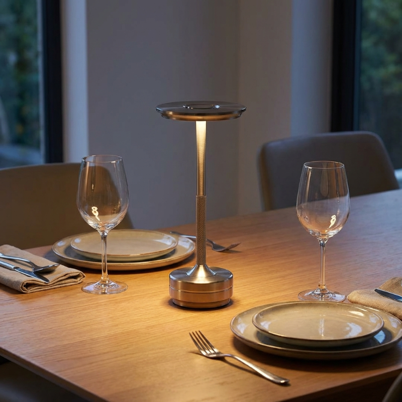 Dining table setting with wine glasses, plates, and a lamp on a wooden surface.