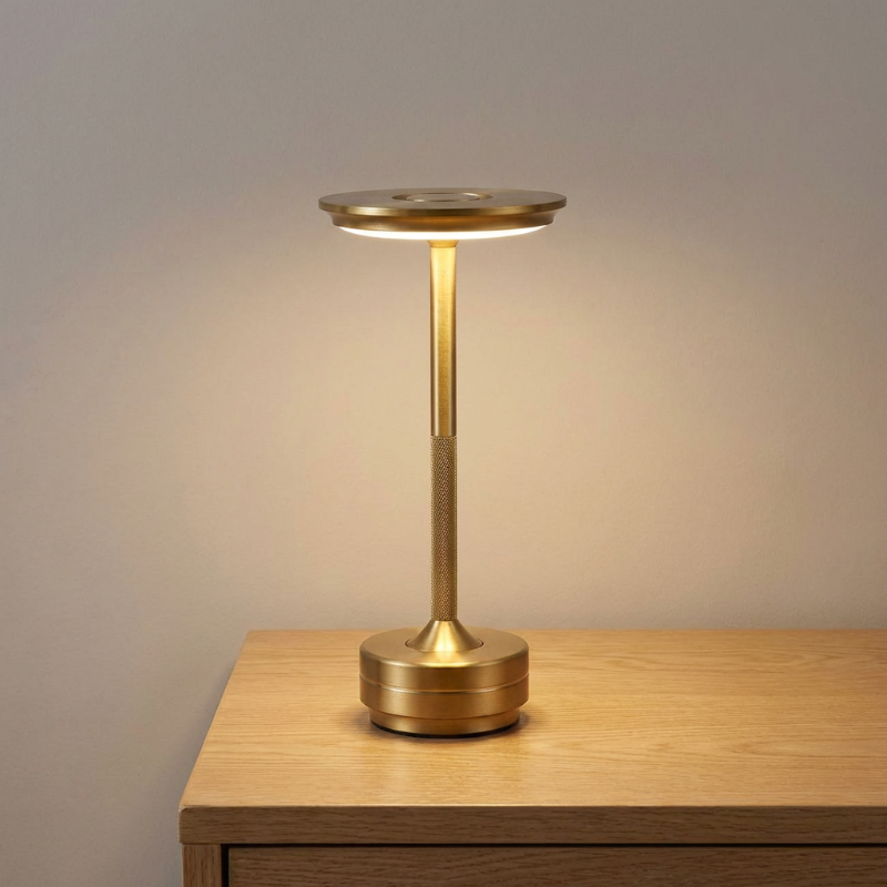 Gold table lamp on a wooden surface with a neutral background