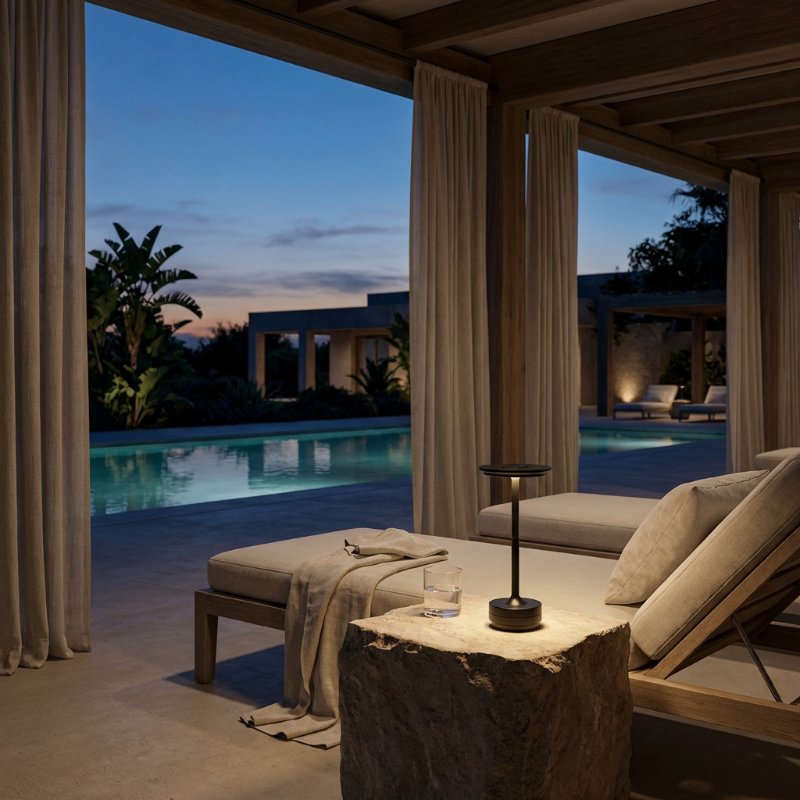Modern outdoor patio with pool view at night