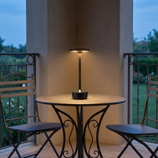 Outdoor table with a lamp on a balcony at dusk