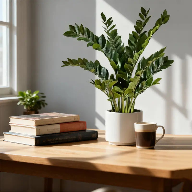 A plant in a white pot, a stack of books, and a mug on a wooden desk.