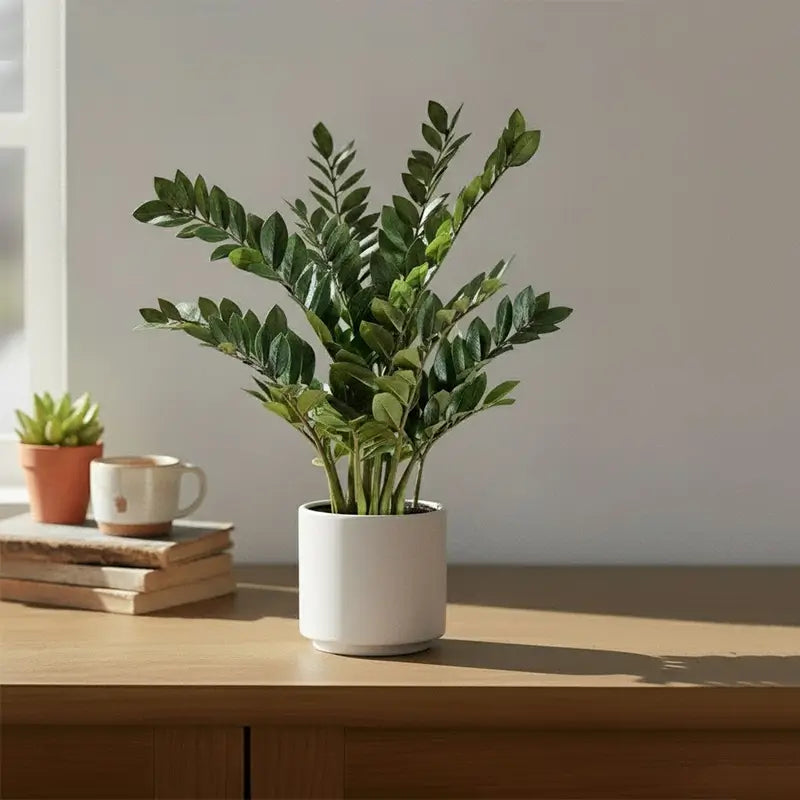 Artificial plant in a white pot on a desk next to books and a mug.