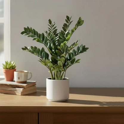 Artificial plant in a white pot on a desk next to books and a mug.
