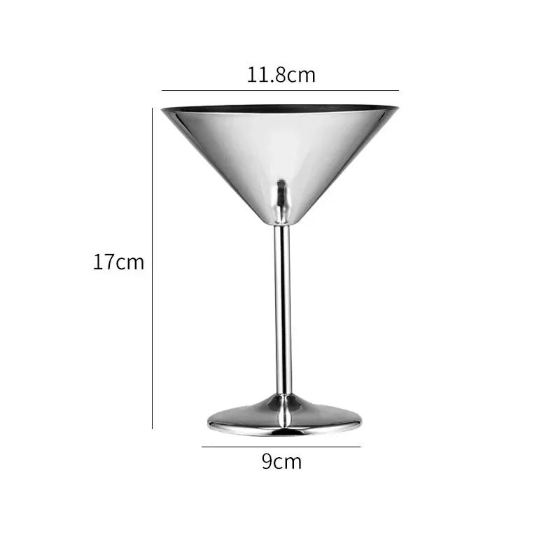 A product image of a polished silver martini glass with its dimensions labeled.