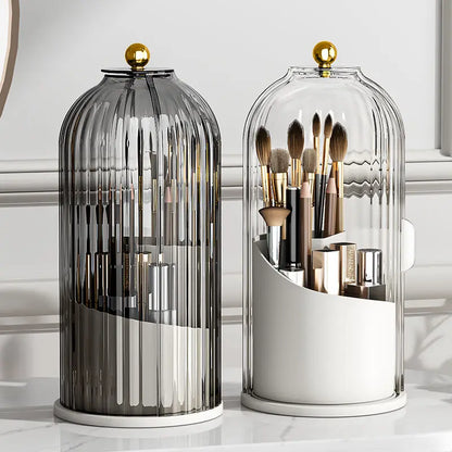 Rotating makeup brush holder with a sleek design, perfect for organizing beauty tools.