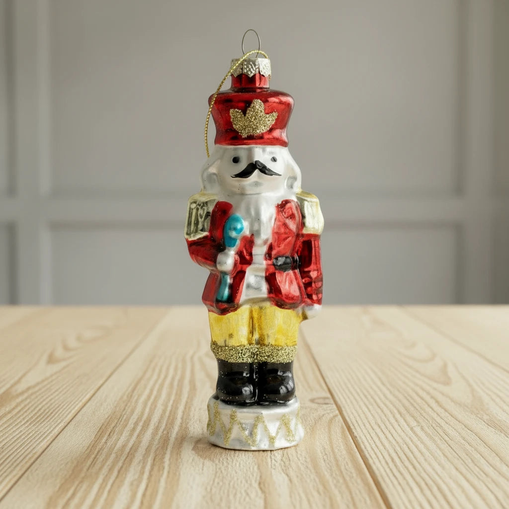 Decorative glass nutcracker ornament with red hat and outfit on a white background