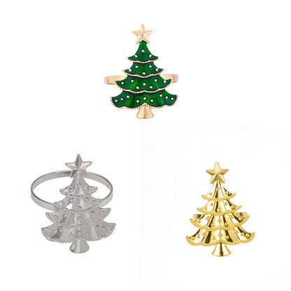 Three Christmas tree-shaped items in gold, silver, and green on a white background