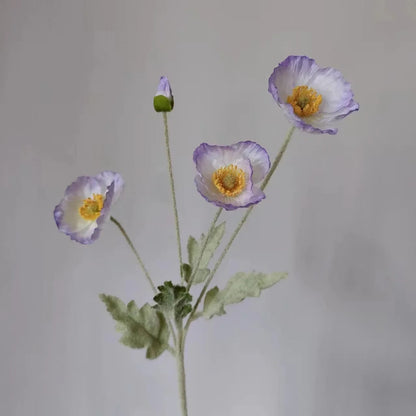 Three white poppy flowers with purple-edged petals, green stems, and one poppy bud are arranged in a sparse bouquet against a plain light grey background.