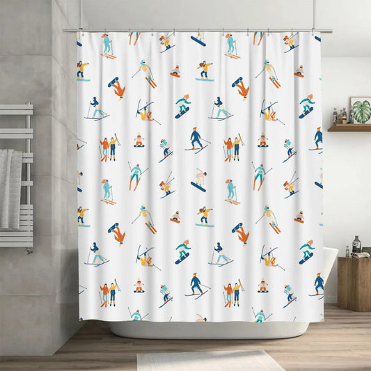 A white shower curtain with a repeating pattern of small, cartoon-style skiers and snowboarders in blue, orange, and teal.