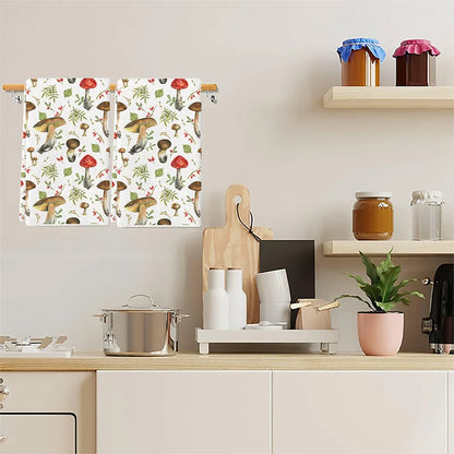 Kitchen counter with a mushroom-patterned towel, cutting board, and jars.