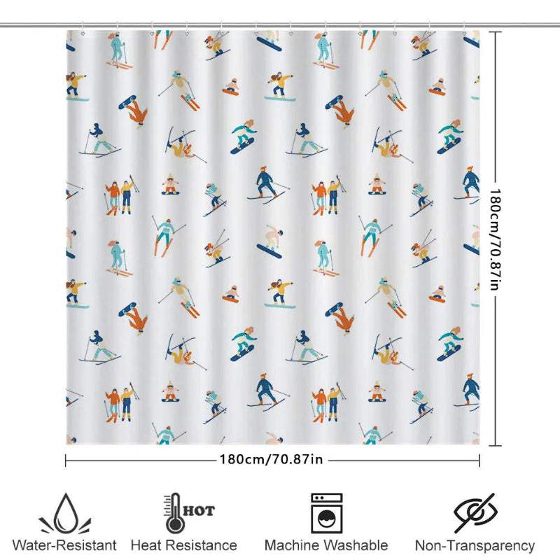 Product image of a white shower curtain with a repeating skiing and snowboarding pattern, showing its dimensions (180cm/70.87in by 180cm/70.87in) and features like water-resistance and being machine washable.