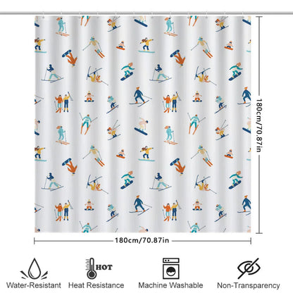 Product image of a white shower curtain with a repeating skiing and snowboarding pattern, showing its dimensions (180cm/70.87in by 180cm/70.87in) and features like water-resistance and being machine washable.