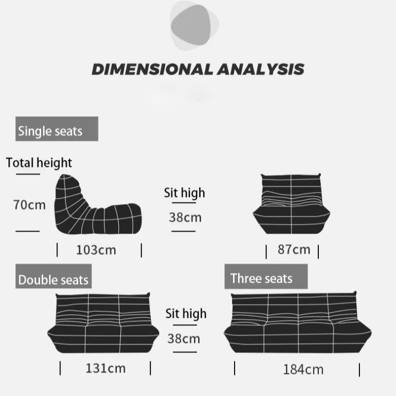 Togo sofa dimensions diagram.