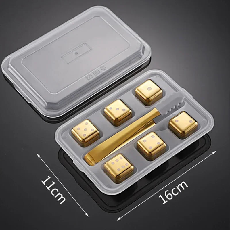 Set of gold-colored bars and cubes in a clear plastic container with dimensions indicated.