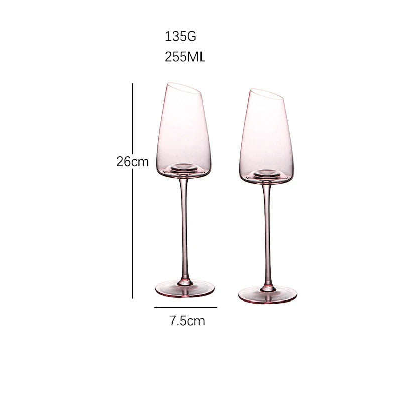 A graphic of two empty, narrow wine glasses with pink stems and an angled rim, showing their dimensions and volume.