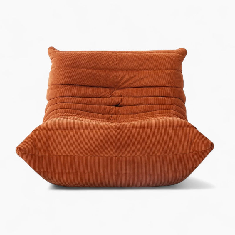 Front view of an orange corduroy modern lounge chair.