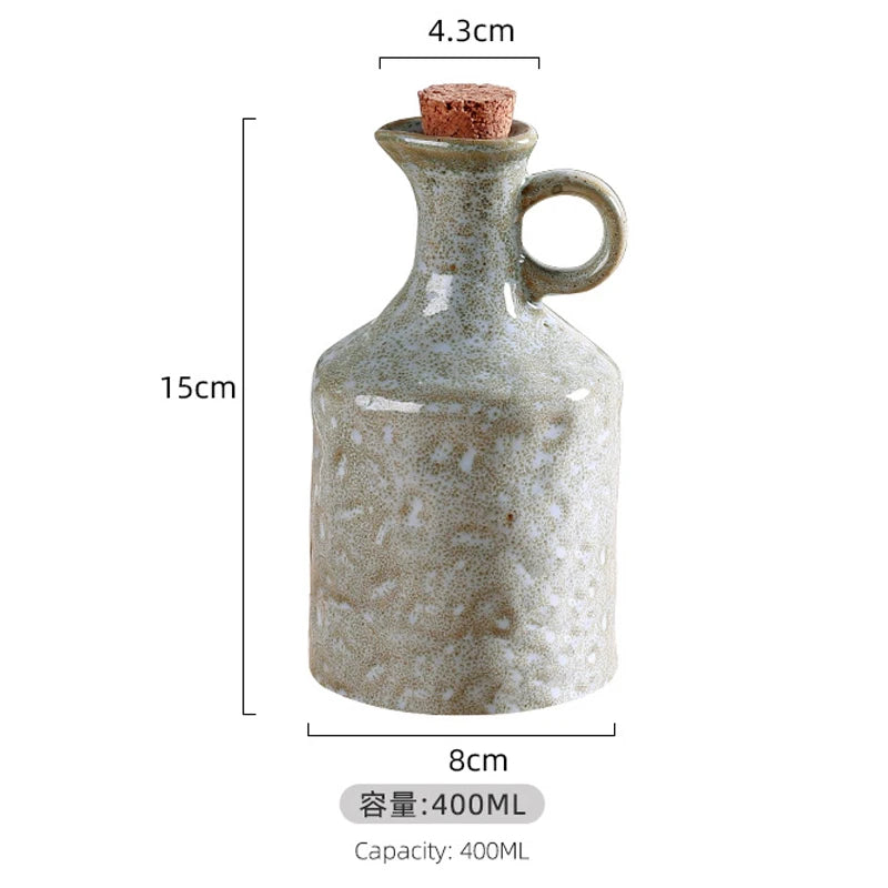 Ceramic bottle with cork stopper and dimensions on a white background