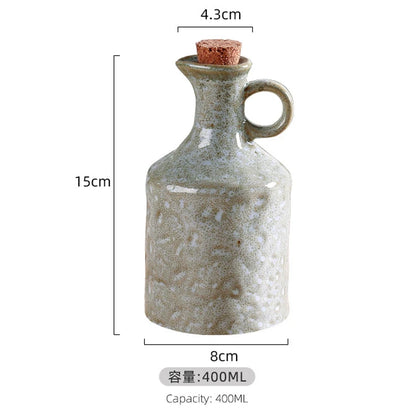 Ceramic bottle with cork stopper and dimensions on a white background
