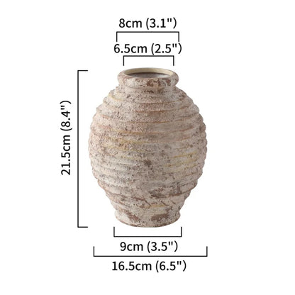 Dimensional diagram of a ribbed, rustic ceramic vase showing its height (21.5cm/8.4"), base diameter (9cm/3.5"), and opening diameter (6.5cm/2.5").