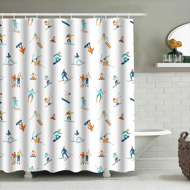 A white shower curtain with a repeating pattern of small, brightly colored illustrations of people skiing and snowboarding.