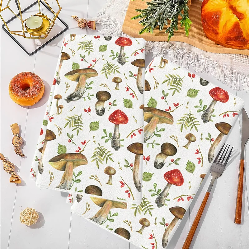 Placemats with mushroom pattern on a table with cutlery and food.