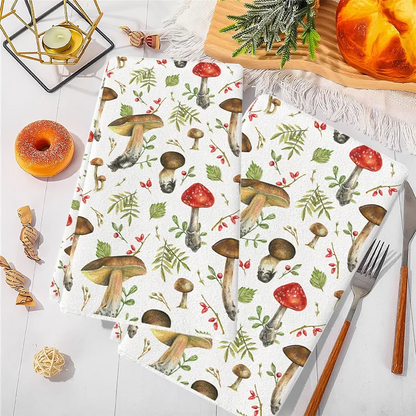 Placemats with mushroom pattern on a table with cutlery and food.