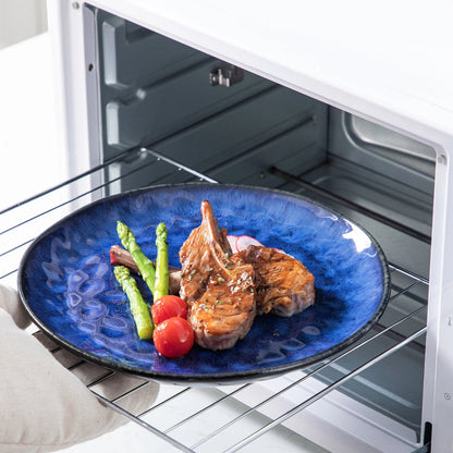 A vibrant blue plate with meat and vegetables is being placed into a small oven.