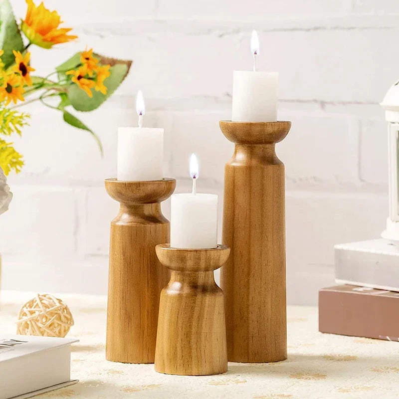 Close-up of the smooth wood grain finish on the candle holders, showcasing the natural texture and craftsmanship.