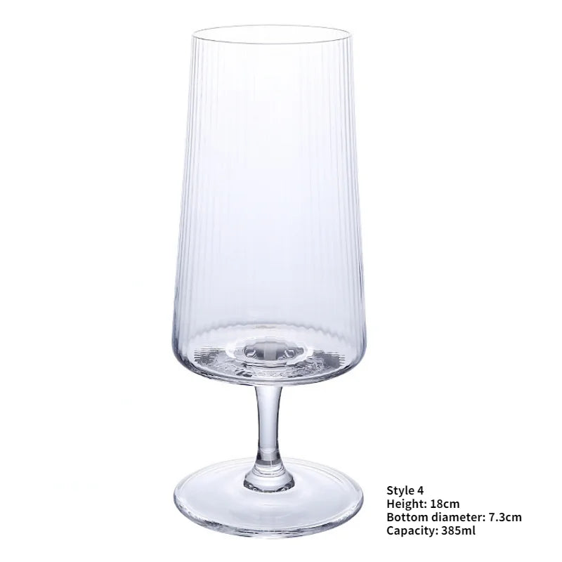 A single, empty stem glass with a wide, conical bowl featuring a ribbed texture, a short stem, and a flat round base. Product details in the bottom right corner read: "Style 4, Height: 18cm, Bottom diameter: 7.3cm, Capacity: 385ml."