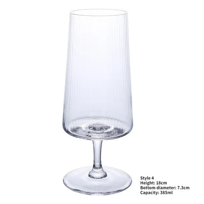 A single, empty stem glass with a wide, conical bowl featuring a ribbed texture, a short stem, and a flat round base. Product details in the bottom right corner read: "Style 4, Height: 18cm, Bottom diameter: 7.3cm, Capacity: 385ml."