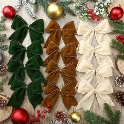 Twelve velvet Christmas bows in green, brown, and cream, arranged in columns, surrounded by holiday greenery and ornaments.