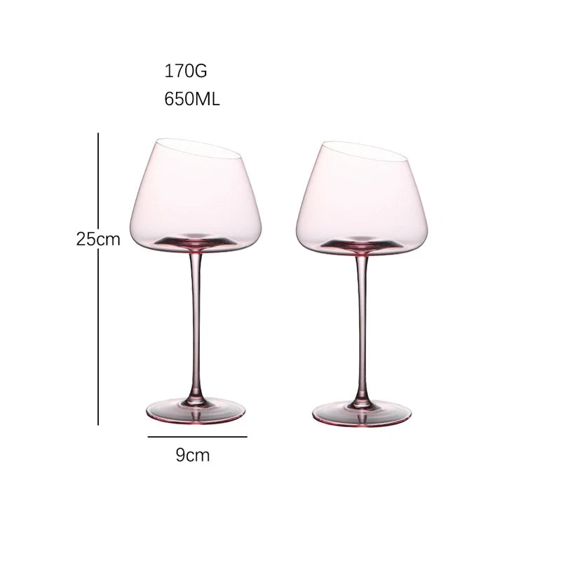 A graphic of two empty wine glasses with pink stems and an angled rim, showing their dimensions and volume.