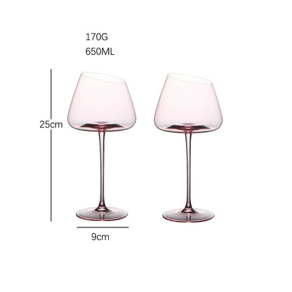 A graphic of two empty wine glasses with pink stems and an angled rim, showing their dimensions and volume.
