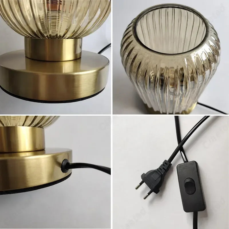 Four close-up shots of a table lamp: the top left shows the gold base and the bottom of the amber ribbed glass shade; the top right shows the open top of the amber ribbed glass shade; the bottom left shows the power cord entering the gold base; and the bottom right shows the lamp's power plug and inline on/off switch.