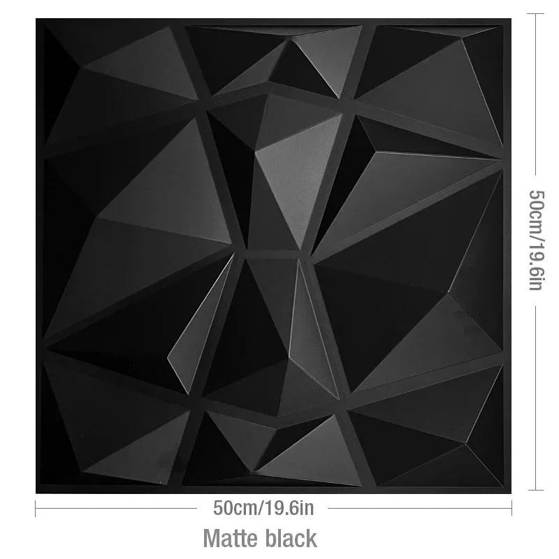 A matte black square wall panel with a complex geometric, faceted design, measuring 50cm/19.6in on each side.