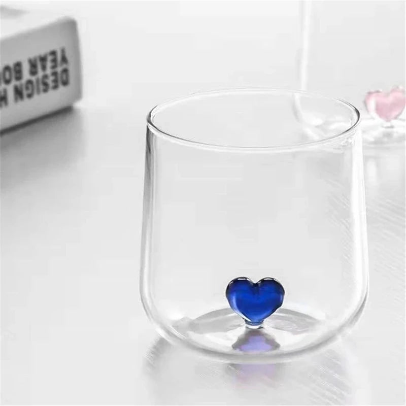 A clear glass with a blue heart at the bottom.