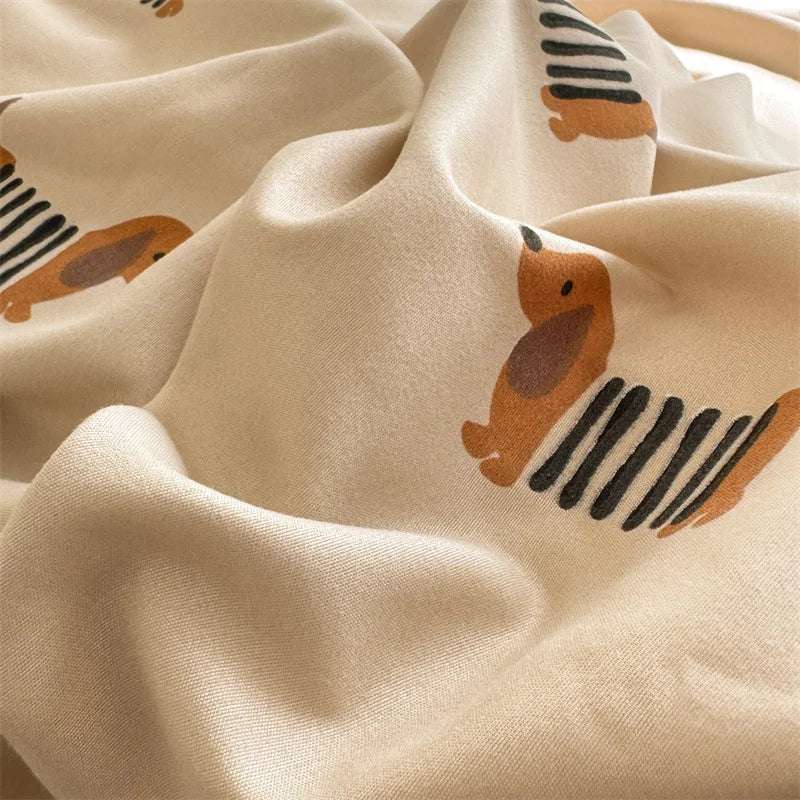 Beige fabric with brown bear illustrations and black stripes