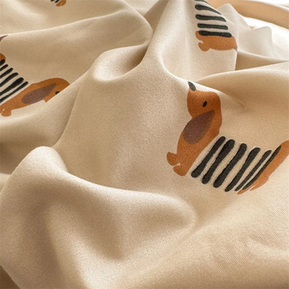 Beige fabric with brown bear illustrations and black stripes