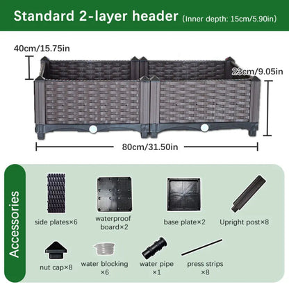 
An infographic showing a disassembled standard two-layer raised garden bed, with its dimensions and a list of all its component parts.