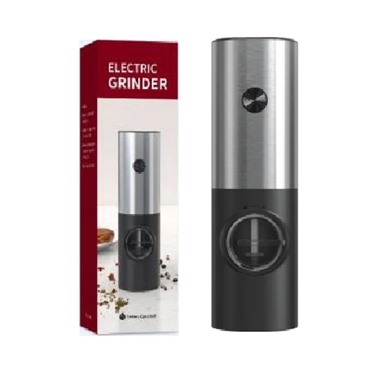 An electric grinder in silver and black next to its red and white box.