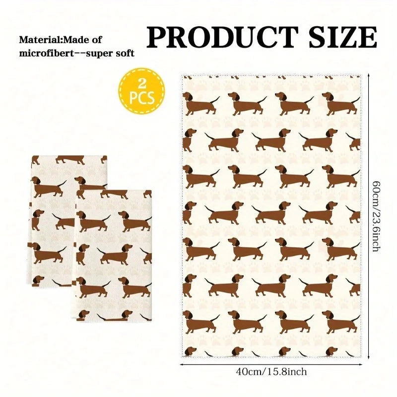 Two microfiber towels with dachshund pattern and product size details.