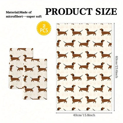 Two microfiber towels with dachshund pattern and product size details.