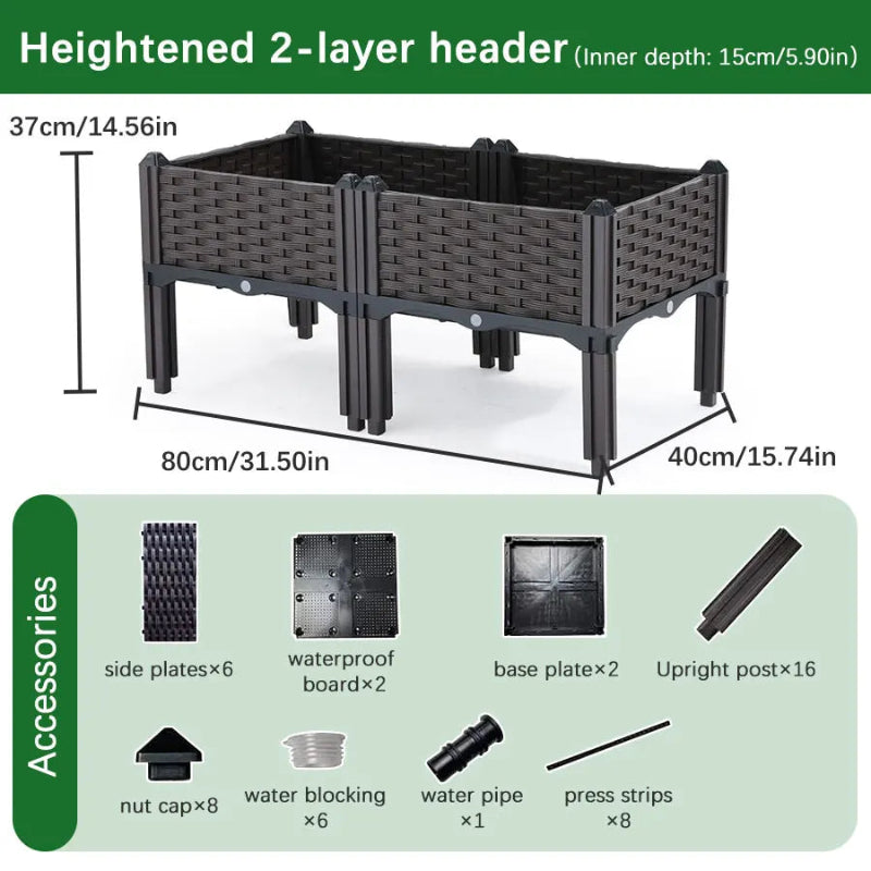 An infographic showing a disassembled two-layer raised garden bed, with its dimensions and a list of all its component parts.