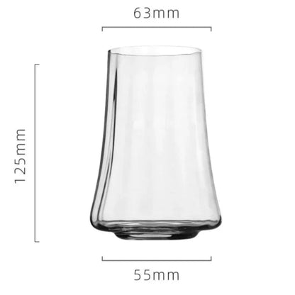 Clear glass tumbler with dimensions and weight capacity on a white background